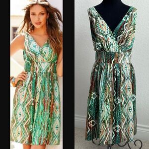 Boston Proper Vibrant Ikat Dress Green Multicolor Deep V-Neckline Sz 18 Boho